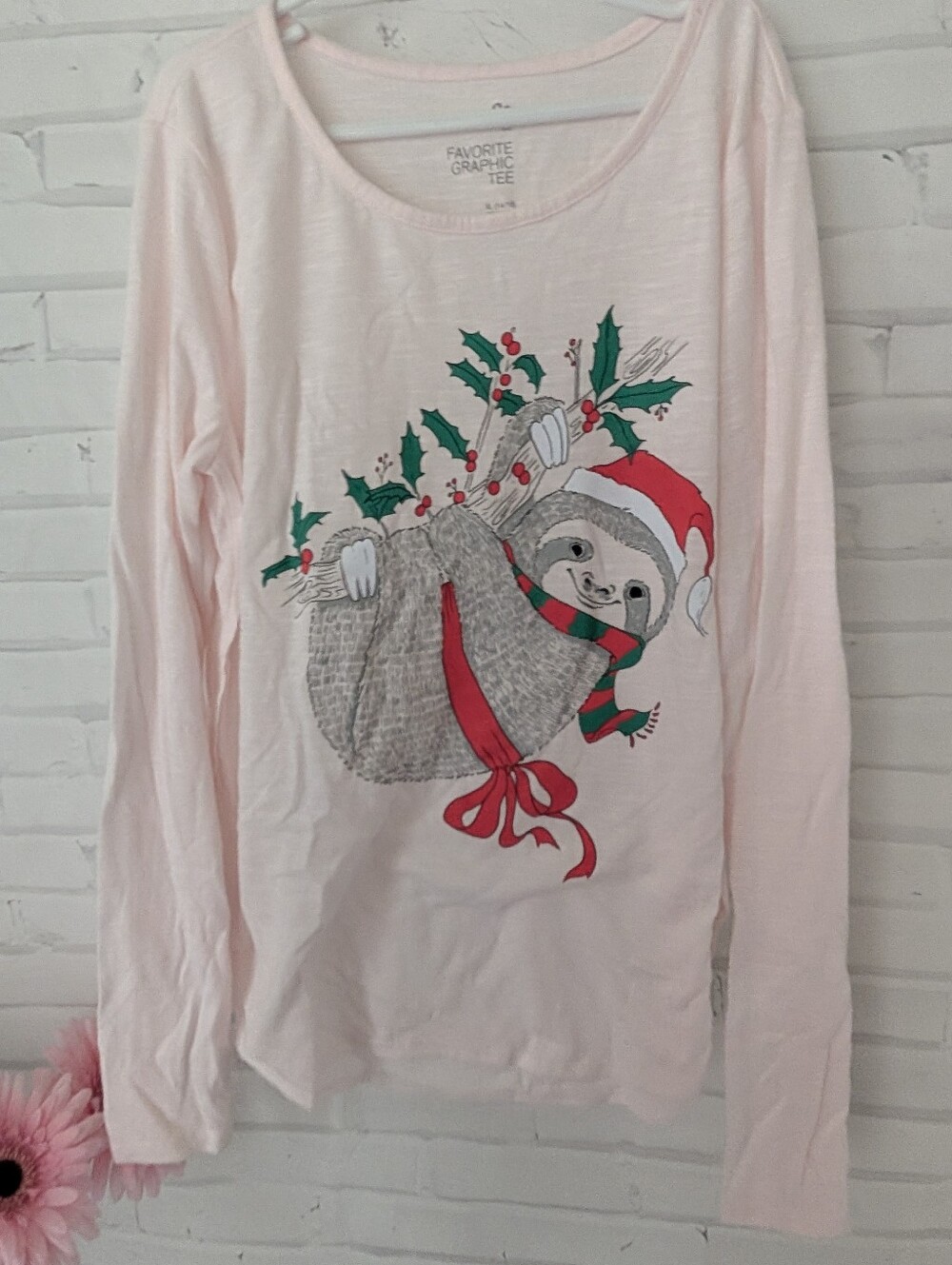 Pink Holiday Sloth Long Sleeve Top